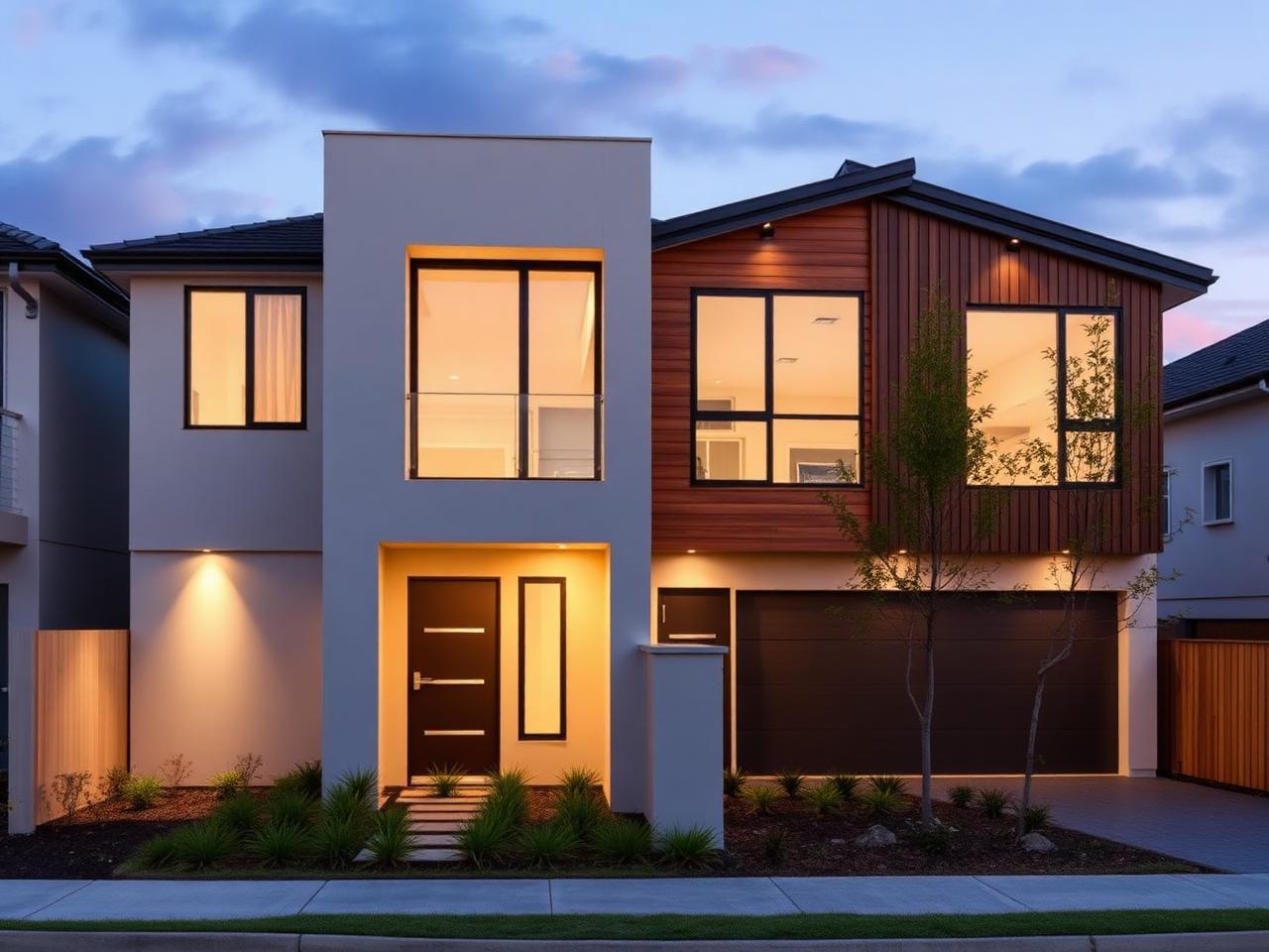 Contemporary Australian duplex with two attached homes at dusk